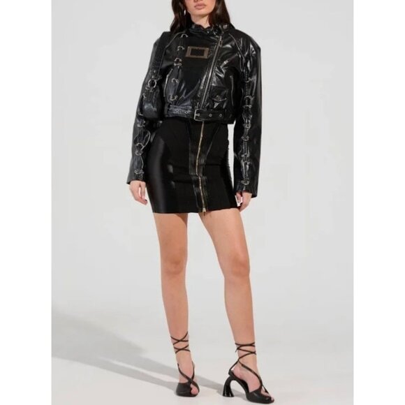 Akira Black Faux Leather Eyelet Cropped Jacket Womens L - Picture 1 of 5